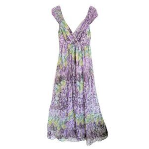 Anthropologie traffic people silk maxi dress feathers print green purp Medium @K